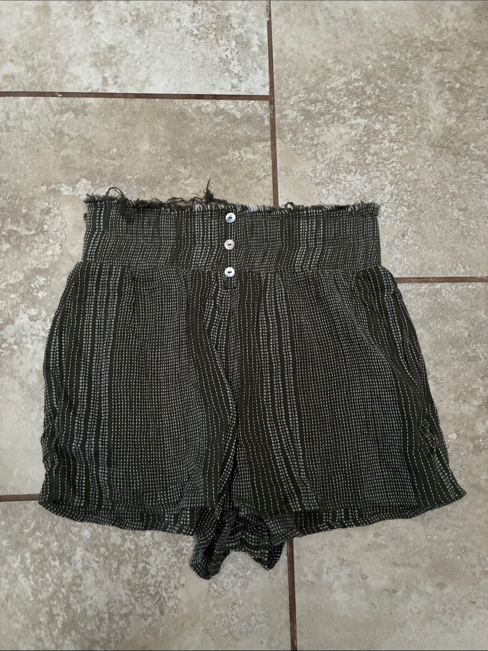 Blue Rain Olive Green High-Waist Smocked Shorts with White Dotted Stripes